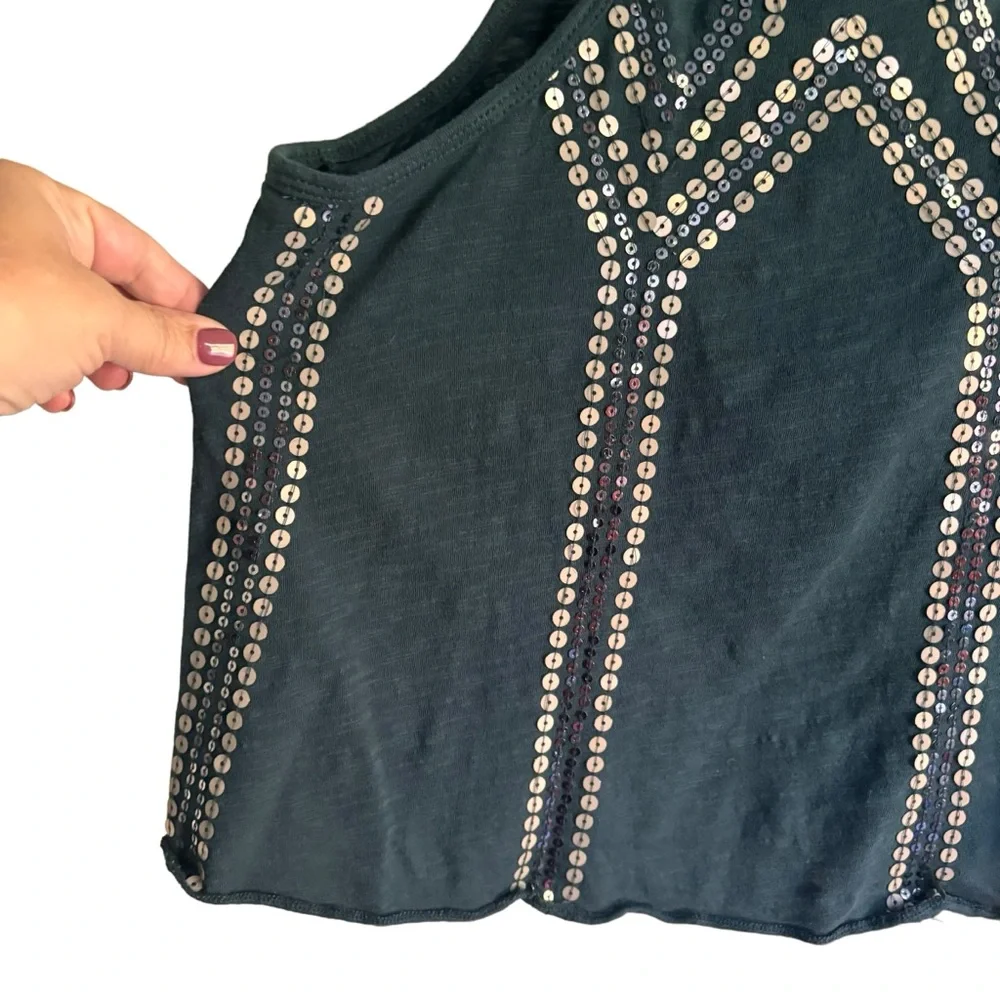 Free People Glitter City Tie‎ Neck Dark Turquoise Sequin Tank Sleeveless Top